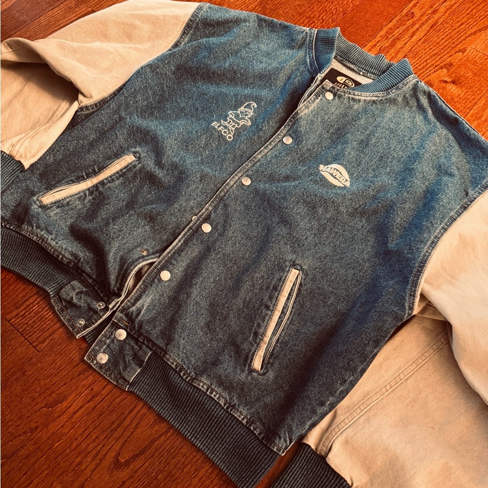 Hawera Two-Tone Denim Bomber Jacket - Blue and Cream